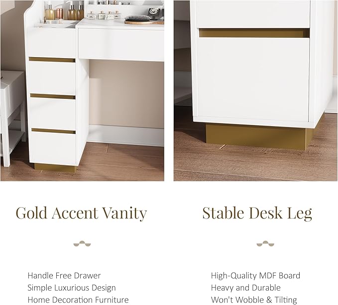 Vabches Makeup Vanity with Mirror and Lights, White and Gold Vanity Desk with 5 Drawers and Charging Station, Vanity Table for Bedroom
