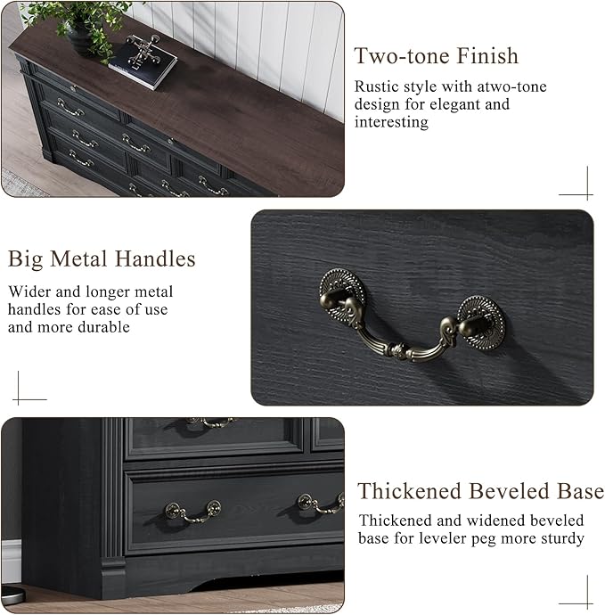 Farmhouse 10 Drawers Dresser, 59" Wide Rustic Chest of Drawers, Black Dresser for Bedroom with Chic Wood Pilasters, Storage Organizer for Living Room, Hallway