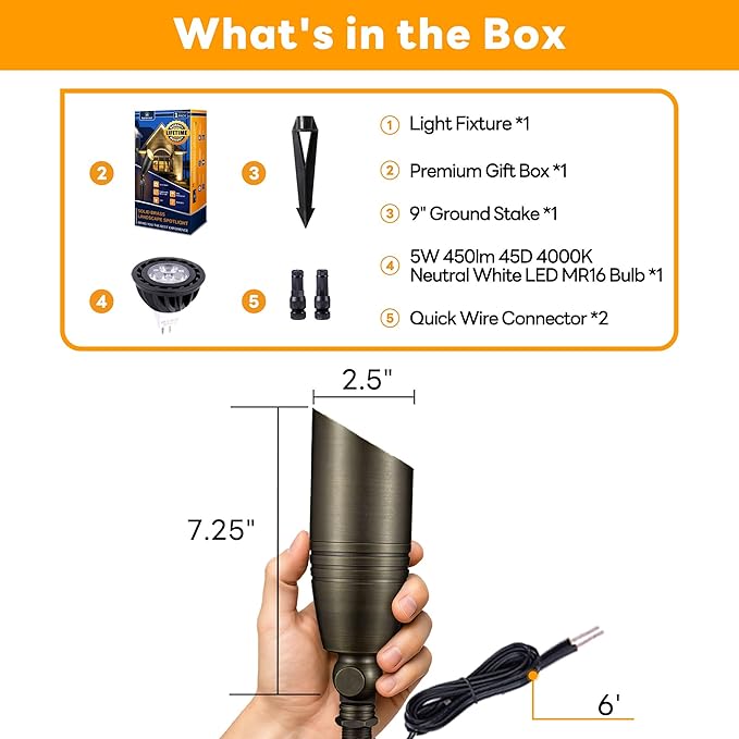 Die-Cast Brass Spot Light Outdoor - 12V LED Uplighting Waterproof, Low Voltage Landscape Lights Direct Wire, Bronze for Fence Fountain with Bright White MR16 Replaceable Bulbs (12 Pack)