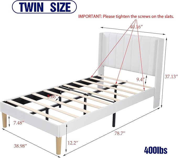 Upholstered Platform Twin Size Bed Frame with Headboard Wooden Slats Support No Noise Easy Assembly White Linen