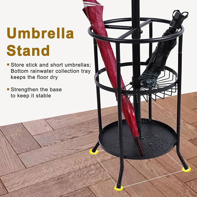 Metal Freestanding Coat Rack Stand with Umbrella Holder, 12 Hooks Coat Tree Black Modern Coat Hanger Stand for Coats, Hats, Scarves and Handbags for Entryway, Hallway, Bedroom, Office