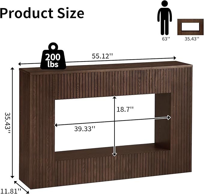 55.12" Wood Console Table for Entryway, Narrow Long Real Wood Fluted Design Sofa Tables Behind Couch Table Entryway Tables with 2-Tier Storage Shelves for Living Room, Hallway, Foyer, Walnut