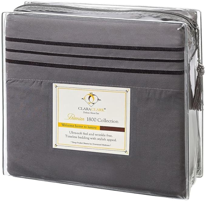 Clara Clark Bed Sheets, Premier 1800 Series 4 Piece Bed Sheet Set, Deep Pocket, Wrinkle, Fade, Stain Resistant, Luxury Soft Bedding Sheets & Pillowcases, California King, Charcoal Gray