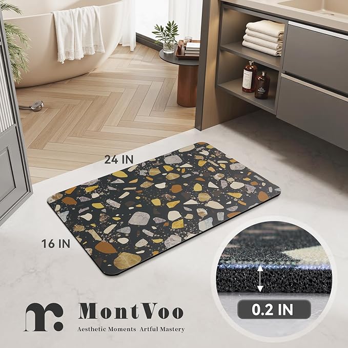 MontVoo -Bath Mat-Non Slip Thin Bathroom Rugs Fit Under Door- Quick Dry Absorbent Faux Suede Surface Grey Bathroom Floor Mats-Shower Rug for in Front of Bathtub Shower Black & Multi Color 16x24