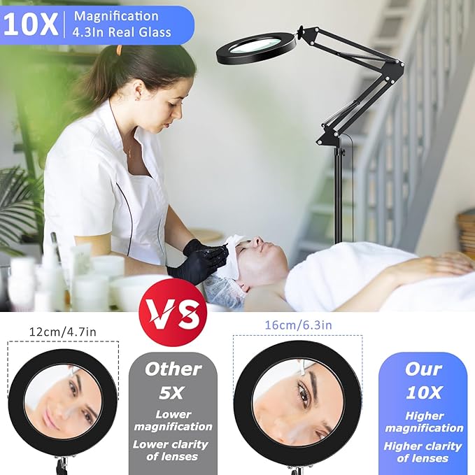 10X Floor Magnifying Glass with Light, Large 3-in-1 Adjustable Height Magnifying Floor Lamp, 72 LED Floor Lamp 2 Color Stepless Dimmable Arm Swing Desk Lamp for Reading, Close Work, Crafts