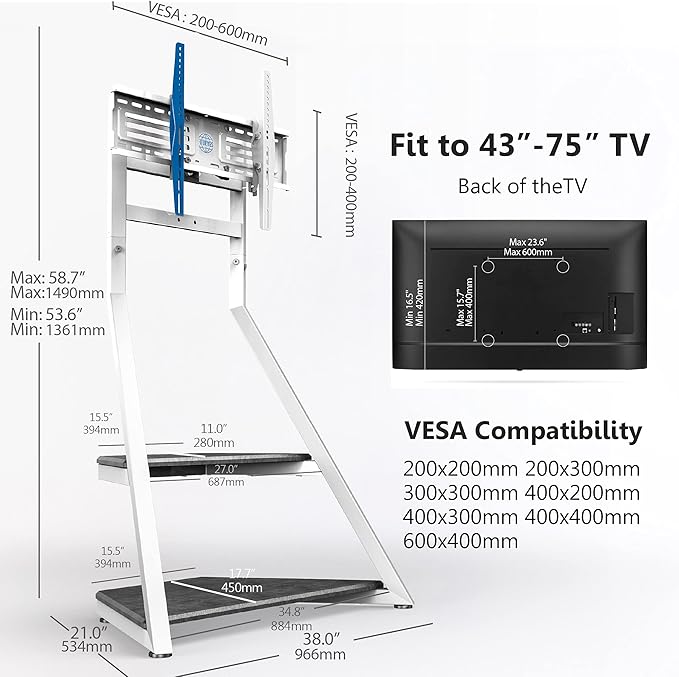 FITUEYES Design Corner TV Stand for 43 50 55 65 75 Inch TV, White TV Cart Floor Stand with Mount for LCD/LED Flat Curved Screens, Modern TV Stand with Wooden Storage Shelves, Eiffel Series