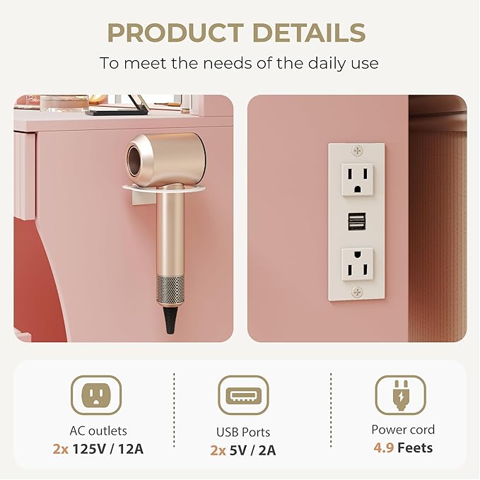 Small Vanity Desk with Mirror and Lights, Makeup Vanity Desk with 3 Color Modes Adjustable Bulb, 2 Large Drawers and 4 Open Storage Shelves, Pink Vanity with Charging Station for Bedroom