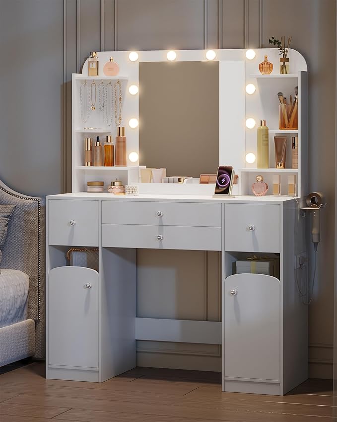 Vanity Desk with HD Mirror and Led Light, Makeup Vanity with Power Strip, Dressing Table with 4 Drawers, 42.5'' Large Tabletop, 2 Open Storage Cabinets, with Jewelry Storage, White