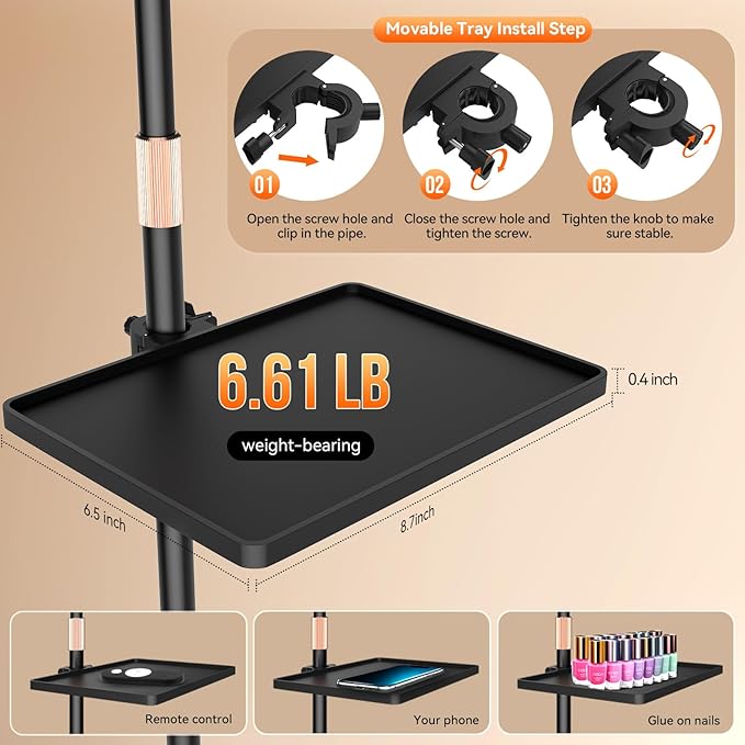 Lash Light for Eyelash Tech, Led Half Moon Light Floor Lamp for Eyelash Extensions, Tattoo, Esthetician Artists, Nail Art, Skincare, Adjustable Height, Dimmable Brightness, with Movable Tray