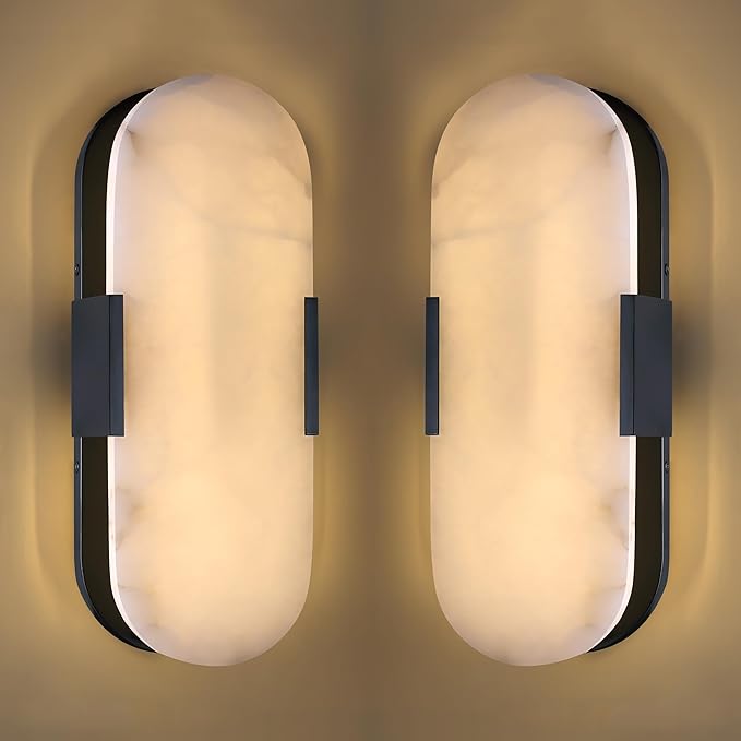 2 Pack 2 Light Natural Oval Alabaster Marble Bathroom 15 Inch Wall Sconce Modern Concise Style Wall Light Fixtures,Dark Gray Finish for Bedroom Hallway Bedside Living Room