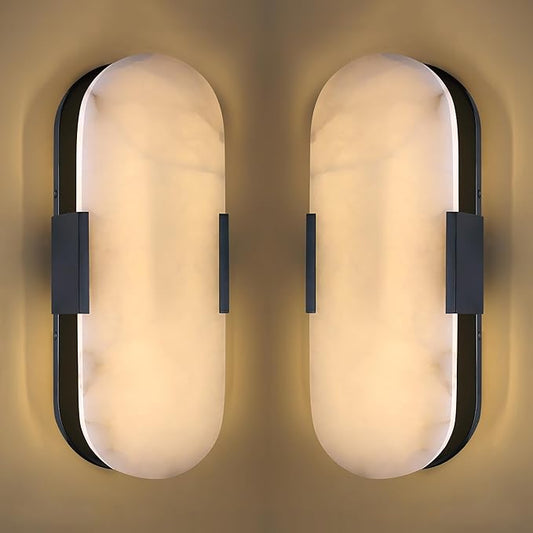 2 Pack 2 Light Natural Oval Alabaster Marble Bathroom 15 Inch Wall Sconce Modern Concise Style Wall Light Fixtures,Dark Gray Finish for Bedroom Hallway Bedside Living Room
