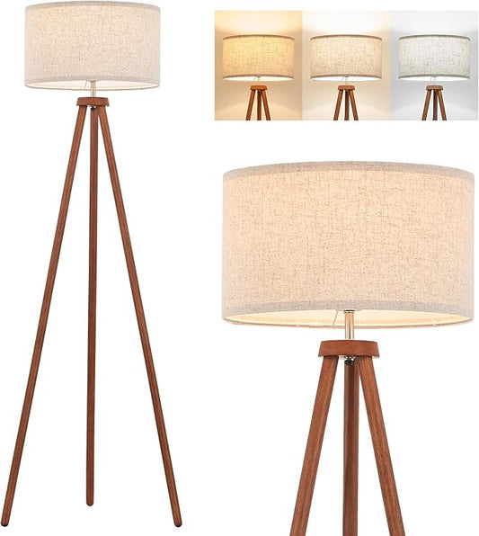 ELYONA Wood Tripod Floor Lamps for Bedroom, Vintage Standing Light 3 Color Temperatures LED Bulb Included & Beige Linen Shade, Tall Floor Lamp for Living Room Office Study Room, Brown & Nickel Metal
