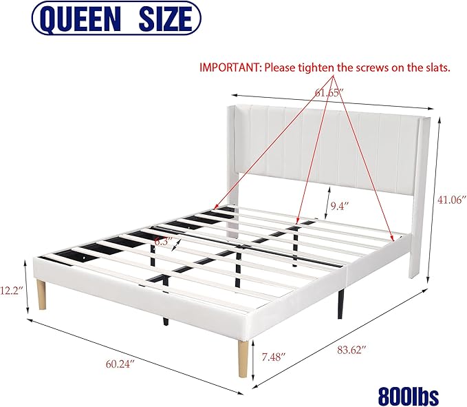 Upholstered Platform Queen Size Bed Frame with Headboard Wooden Slats Support No Noise Easy Assembly White Linen