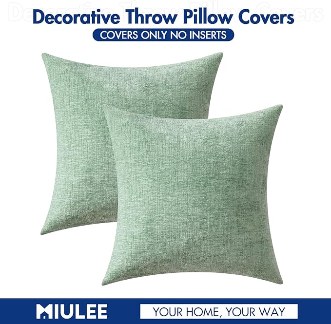 MIULEE Pack of 2 Couch Throw Pillow Covers 20x20 Inch Soft Greyish Green Chenille Pillow Covers for Sofa Living Room Solid Dyed Pillow Cases