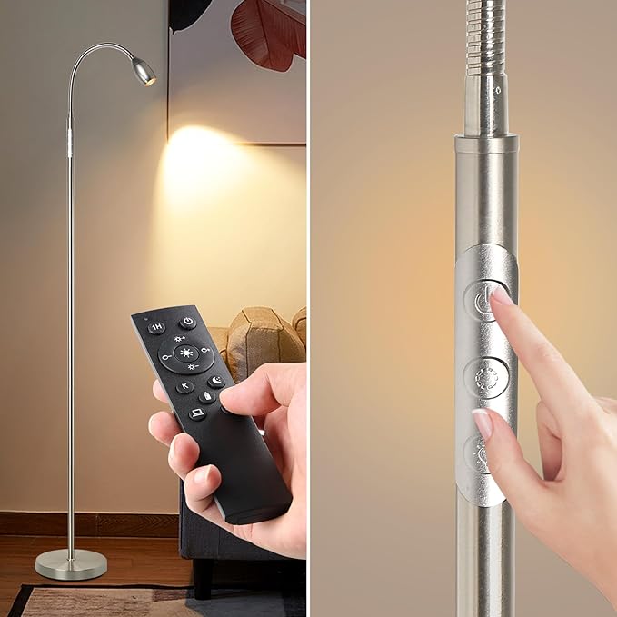 Reading Floor Lamp, 72" Tall LED Lamp with Flexible Gooseneck, Dimmable Zoomable Spotlight, Adjustable Color Beam Standing Lamp, Touch & Remote Control, Task Craft Bedroom Living Room (Brushed Nickel)