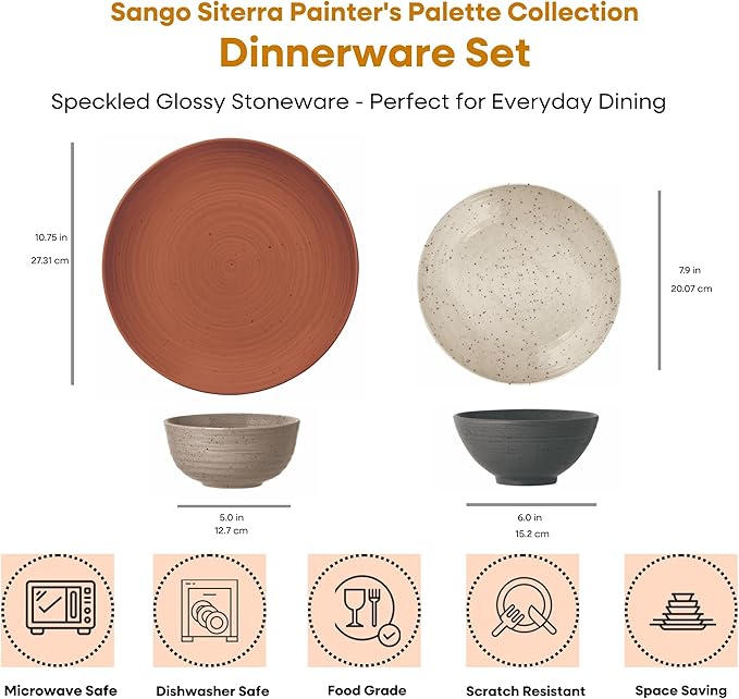 Sango Siterra Painter's Palette 16-Piece Stoneware Dinnerware Set – Service for 4, Multicolor with Unique Flecked Design, Perfect for Everyday Dining & Entertainment, Microwave & Dishwasher Safe