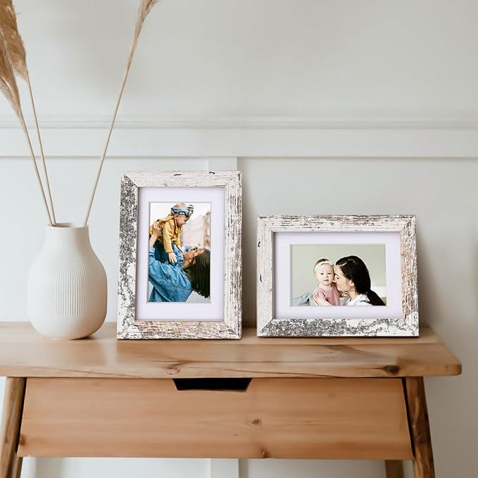Egofine 4x6 Picture Frame Made of Solid Wood with Plexiglass, Display Pictures 3.5x5 with Mat or 4x6 Without Mat for Tabletop and Wall Mounting, Rustic White