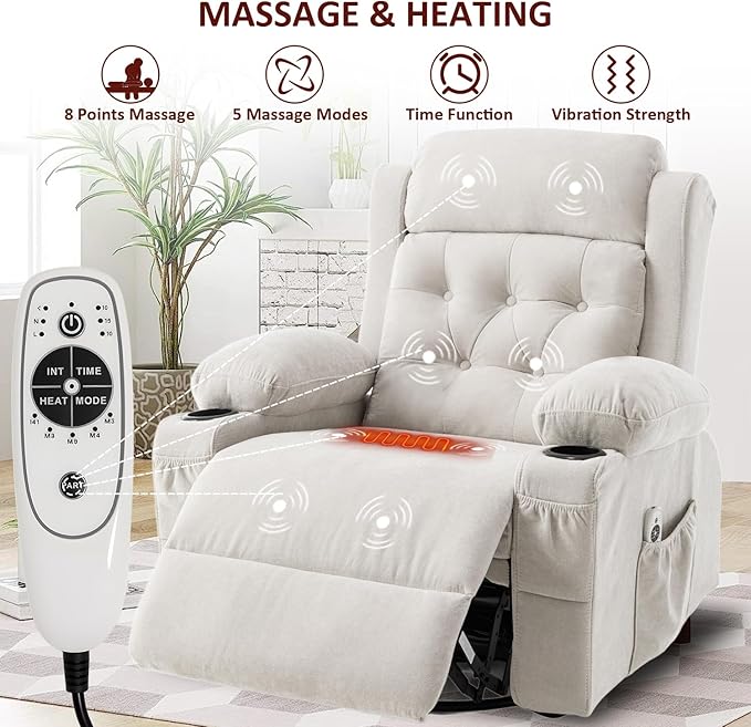 Overstuffed Rocker Recliner Chair with Massage and Heat, Mid Century Ergonomic Rocking Swivel Recliners Lounge Chair for Living Room, Manual Recliner Sofa Chairs with 2 Cup Holders, USB