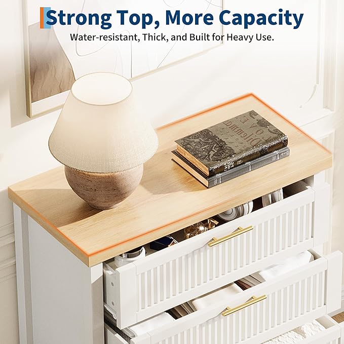 GarveeHome Fluted 4 Drawers Dresser for Bedroom, 35.4 in Tall Chest of Dressers for Closet, 4 Fluted Drawers with Metal Handle, Large Clothes Storage Cabinet for Bedroom, Nursery, Living Room, White