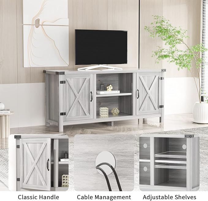 JUMMICO TV Stand, 65 Inch TV Farmhouse Entertainment Center with Double Barn Doors and Storage Cabinets, Console TV Table Media for Living Room, Bedroom (Grey)