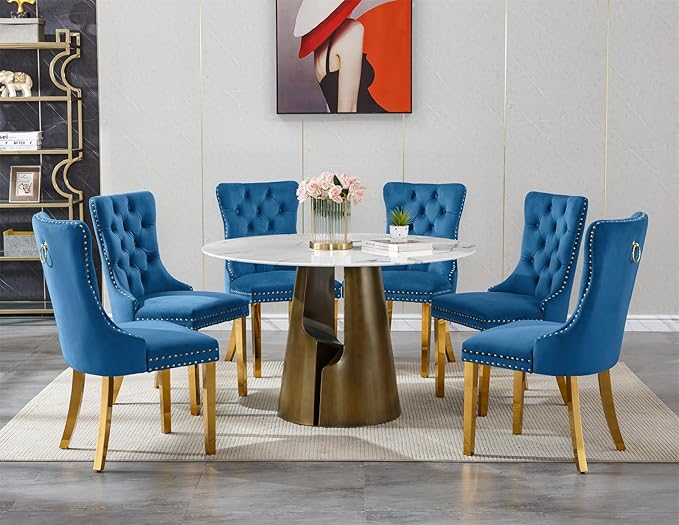 7-Piece Faux Marble Round Dining Table Set for 6, Modern Luxury Kitchen Table Set for 6 with Blue Tufted Chairs,Circle Dining Tables with White Marble Grain Top and Bronze Pedestal Base