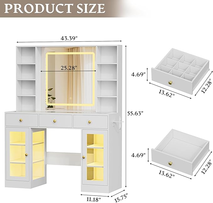 Makeup Vanity Desk with HD Lighted Mirror & Power Outlet, Glass Top Vanity Table Set with Storage Drawers & RGB Cabinets, Large Dressing Table with 3 Lighting Modes for Bedroom Women Girls Kids, White