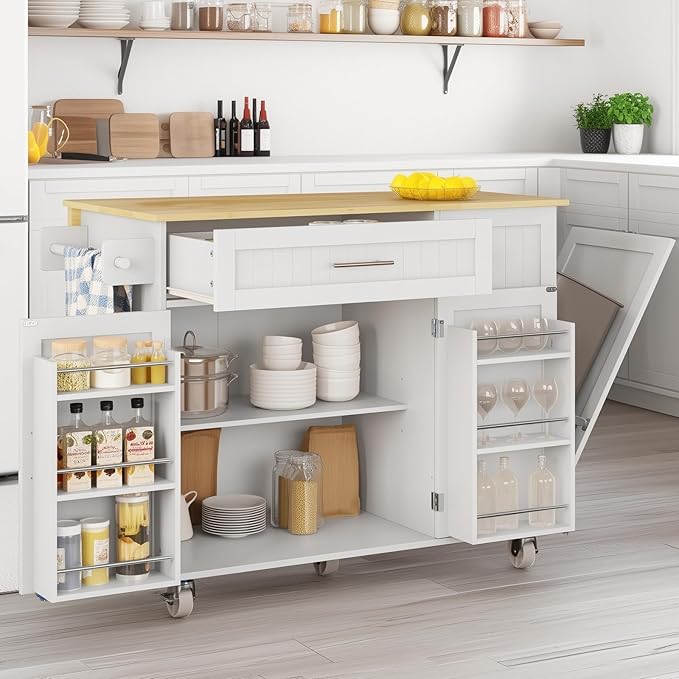 Kitchen Island with Storage & Drop Leaf - 43.3" Mobile Kitchen Cart with Wheels, Rolling Kitchen Island with Trash Bin Cabinet & Towel Rack, Rubberwood Top, White Island for Kitchen