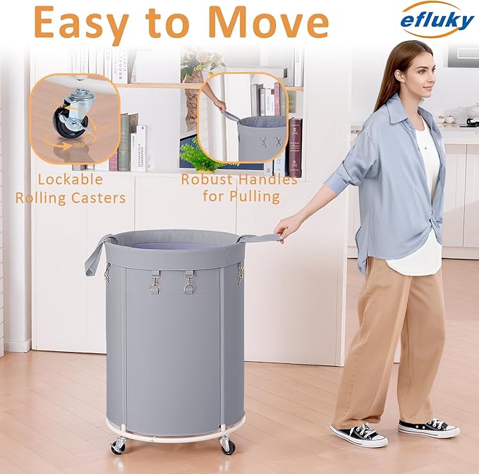 efluky 150L Laundry Basket with Wheels, Large Rolling Laundry Hampers with Handles for Bathroom, Bedroom & Laundry Room, Grey
