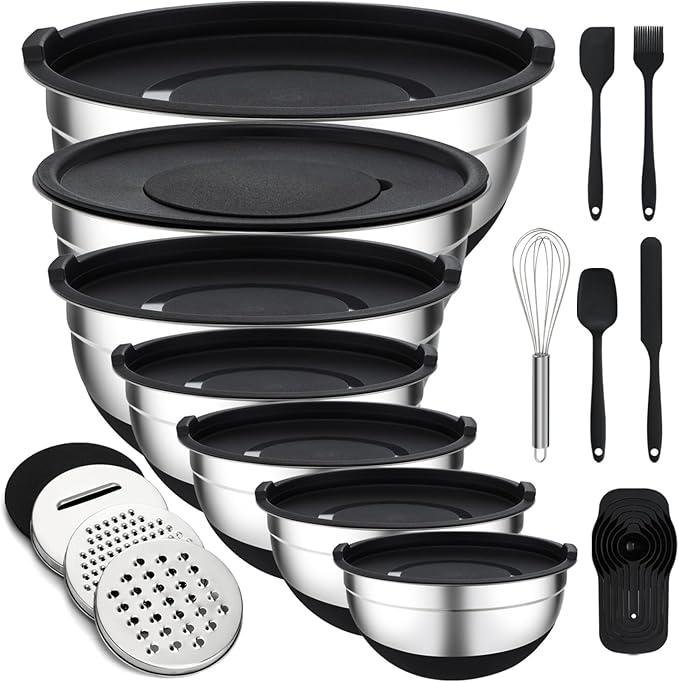 Unokit Mixing Bowls with Lids Set, 7 Pcs Stainless Steel Mixing Bowls with 3 Grater Attachments, Non-Slip Silicone Base Mixing Bowl Set, Sizes 4.5, 4, 3.5, 2.1, 1.5, 1.1, 0.7 Qt for Mixing, Serving