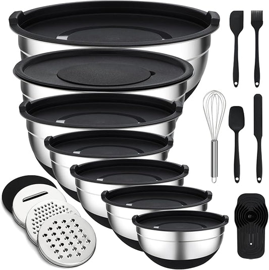 Unokit Mixing Bowls with Lids Set, 7 Pcs Stainless Steel Mixing Bowls with 3 Grater Attachments, Non-Slip Silicone Base Mixing Bowl Set, Sizes 4.5, 4, 3.5, 2.1, 1.5, 1.1, 0.7 Qt for Mixing, Serving