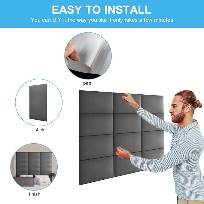 Upholstered Wall Mounted Headboard, 3D Soundproof Wall Panels Peel and Stick, Queen Size, Tufted, Dark Grey (9 Panels, 10" x 24")