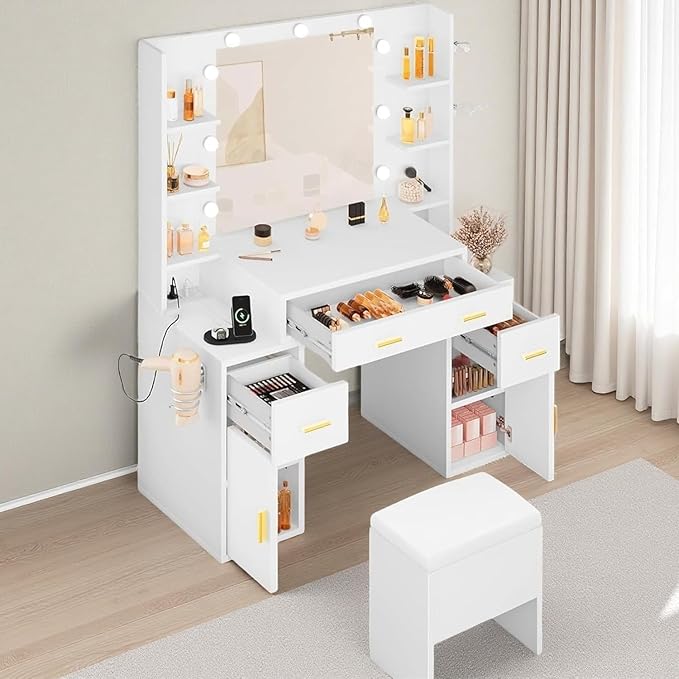 DWVO Vanity Desk with Large Mirror and LED Lights, Makeup Vanity Table Set with Power Outlets, Comfy Stool & Storage Drawers, Shelves and Cabinets, 3 Lighting Modes Makeup Table, Dressing Room, White