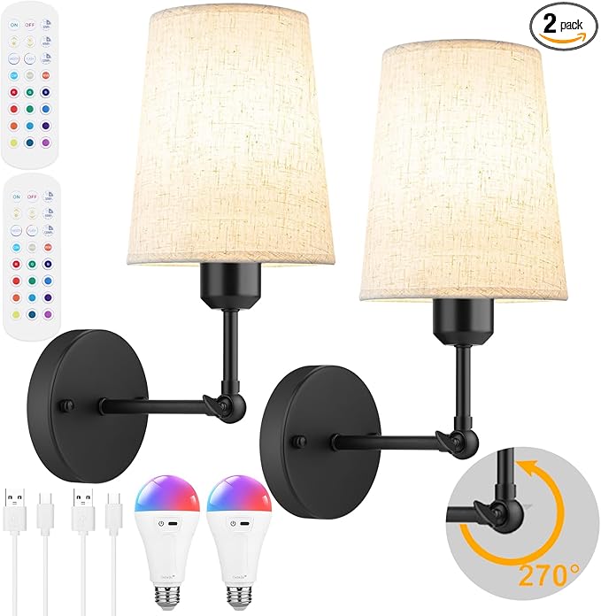 Battery Operated Wall Sconce Set of 2,Black Rechargeable Wall Lights with 5200mAh Dimmable RGB Bulbs and Remote Control,270°Rotation Wireless Wall Lamps for Indoor Bedroom Living Room Hallway