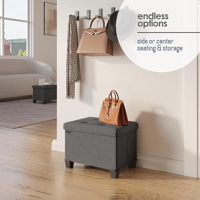 STORAGEBUD Storage Ottoman Cube with Small Bin, 16-in Square Ottoman with Storage for Living Room and Bedroom, Small Ottomans Foot Rest, Velvet Foot Stools Ottomans Max 330lbs, Grey