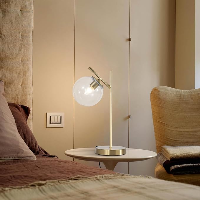 Mid Century Modern Table Lamp Contemporary Metal Brass Bedside Lamps with Clear Glass lampshade Gold Globe Nightstand Lamp for Bedroom Living Room Study Room