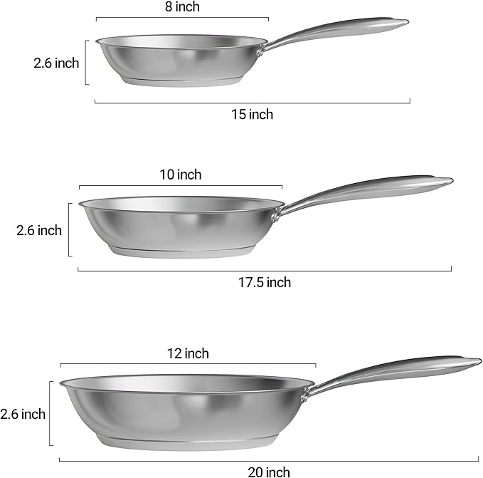 Verel Stainless Steel Frying Pan Set 3 Piece - 8 Inch, 10 Inch and 12 Inch Fry Skillet Stainless Steel Pan, Dishwasher and Oven Safe Cookware (12 Inch)