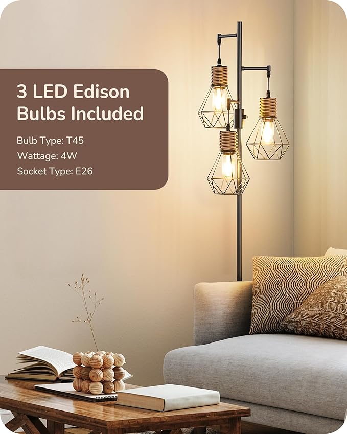 EDISHINE Dimmable Industrial Floor Lamp, Farmhouse Standing Lamp for Living Room, Diamond-Shaped Cage, Corner Rustic Rattan Reading Lamps for Bedroom, Office, Black