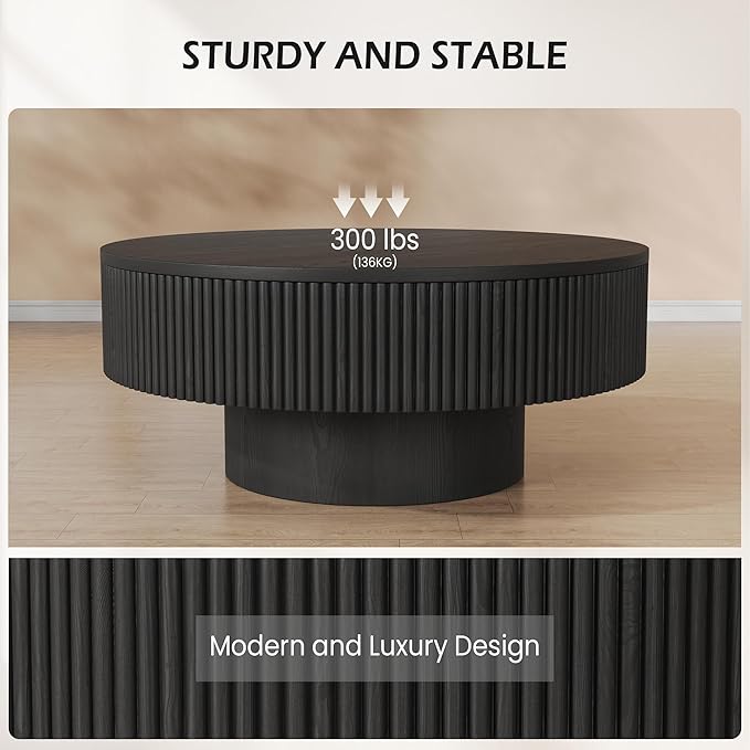 31.5” Round Fluted Coffee Table, Modern Wood Circle Coffee Table, Veneer Handcrafted Relief Tea Table with Sturdy Pedestal for Living Room，Easy Assembly - Black