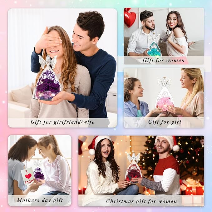 Ocosy Mothers Day Rose Gifts for her, Large Angel Rose Gifts for Women, Forever Real Roses in Angel Figurines, Angel Guardian with Roses Flower, Wine Red