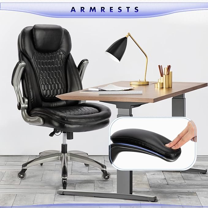 Executive Office Chair-Ergonomic Computer Desk Chair, High Back Leather Chair with Padded Flip-up Arms, Swivel Home Office Chair Upgraded Caster-Black