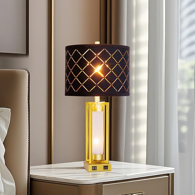 RORIANO Set of 2 Modern Table Lamps for Living Room Bedroom with USB C+A, Rustic Nightstand Lamps with White Night Light, Black Grid Shade, Desk Lamps for Bedside End Tables, 4 Bulbs Included (Gold)