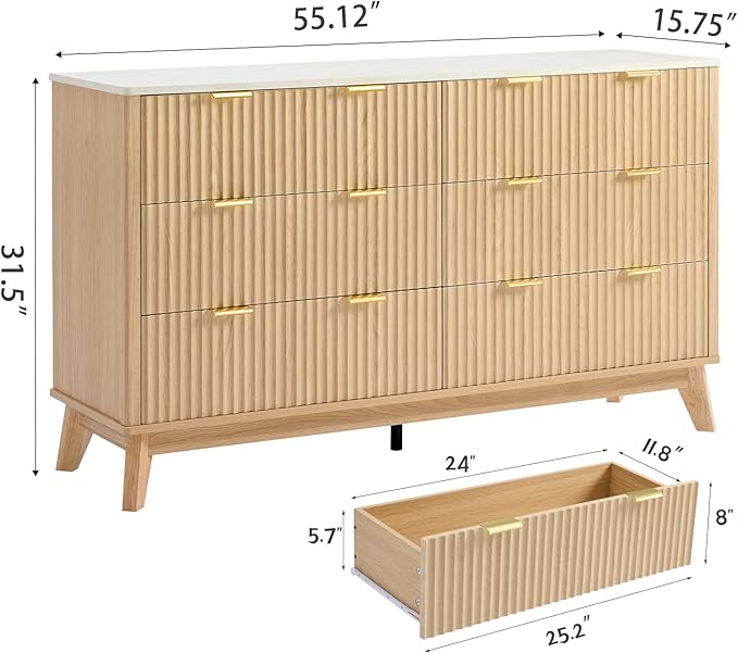 Fluted 6 Drawers Dresser for Bedroom, 55" Wide Modern Chest of Drawers with Metal Handle, Farmhouse Dresser TV Stand, Wood Drawer Organizer for Bedroom, Living Room, Hallway (Natural Oak)