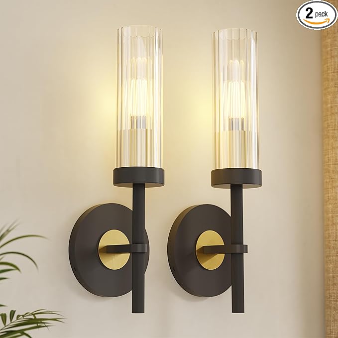 Wall Sconces Set of 2 (with 2 Bulbs), Modern Bathroom Wall Sconces Lighting with Thickened Glass, Hardwired Wall Mount Light Fixtures for Bathroom, Bedroom, Hallway, Living Room(Black & Gold)