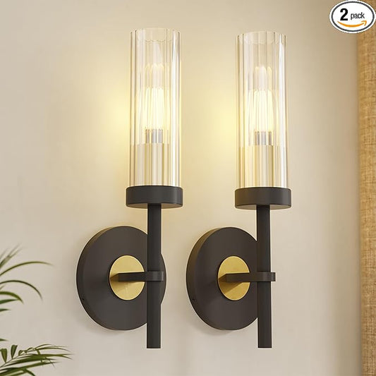 Wall Sconces Set of 2 (with 2 Bulbs), Modern Bathroom Wall Sconces Lighting with Thickened Glass, Hardwired Wall Mount Light Fixtures for Bathroom, Bedroom, Hallway, Living Room(Black & Gold)