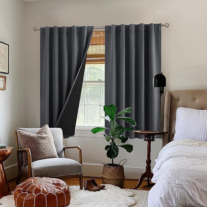 BGment Dark Grey 100% Blackout 48 Inch Curtains for Small Window, Rod Pocket and Back Tab Double Layer Black Out Thermal Insulated Room Darkening Curtain for Kitchen, 2 Panels, Each 42 x 48 Inch