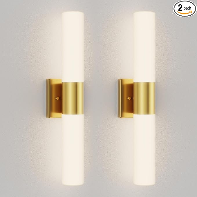 Bathroom Wall Sconces Set of Two, 21 Inch Modern Vanity Lights with Frosted Glass Shade, Bathrooms Vanity Lighting Fixtures for Mirror Bedroom Living Room Hallway (Gold)