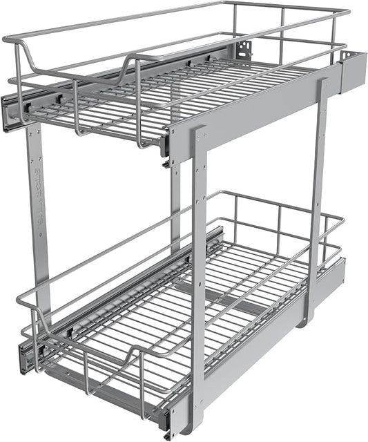 2 Tier Pull Out Cabinet Organizer 11" W X 17" D, Slide Out Drawers for Kitchen Cabinets, Pull Out Drawers for Cabinets Capacity Heavy Duty Caddy, Cabinet Pullout Shelves Chrome-Plated,Bathroom Pantry