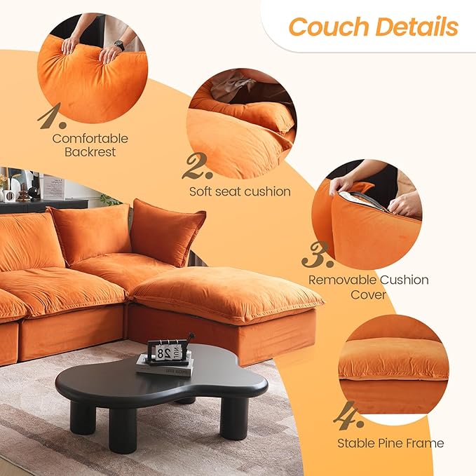 JACH L-Shaped Modular Couches, Deep Seat Sectional Couch with Chaise Ottoman, Modern Comfy Cloud Sectional Sofas, Cushion Covers Removable, Two Corners and A Middle Sofa for Living Room (Orange)