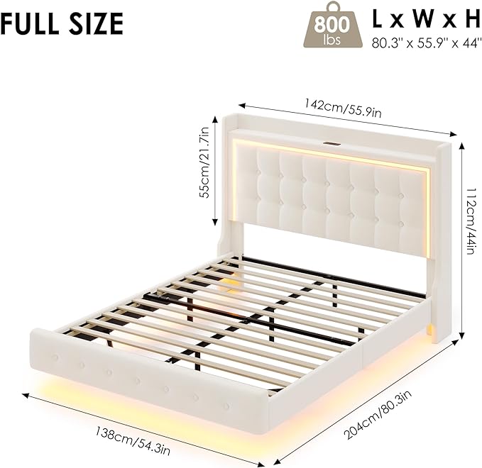 Keyluv Upholstered Full Floating Bed Frame with RGB LED Lights and Charging Station, Velvet Platform Bed with Button Tufted Storage Headboard, Type-C & USB Charging Ports, No Box Spring Needed, Beige