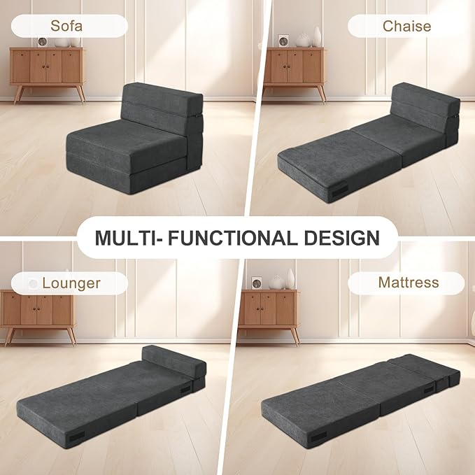 Folding Sofa Bed Single Size with Pillow Memory Foam Convertible Sleeper Chair Floor Couch Futon Lazy for Living Room/Home Office/Guest Beds/Apartment/Upstairs Loft,Dark Gray